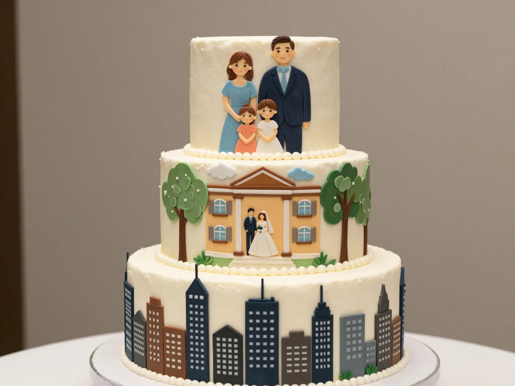 Memory lane anniversary cake with three storytelling edible art tiers