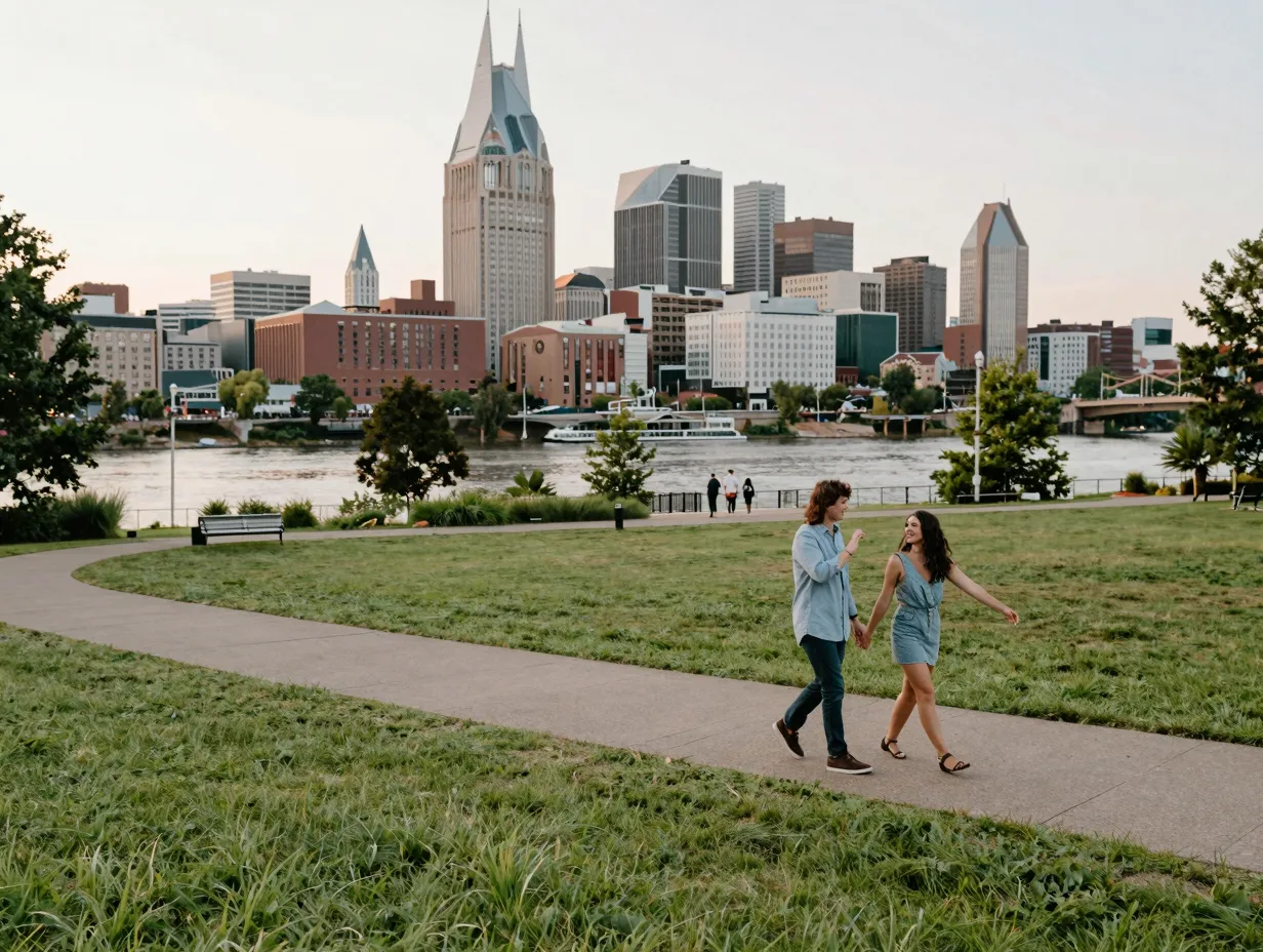 Modern couple in riverfront park with downtown skyline view