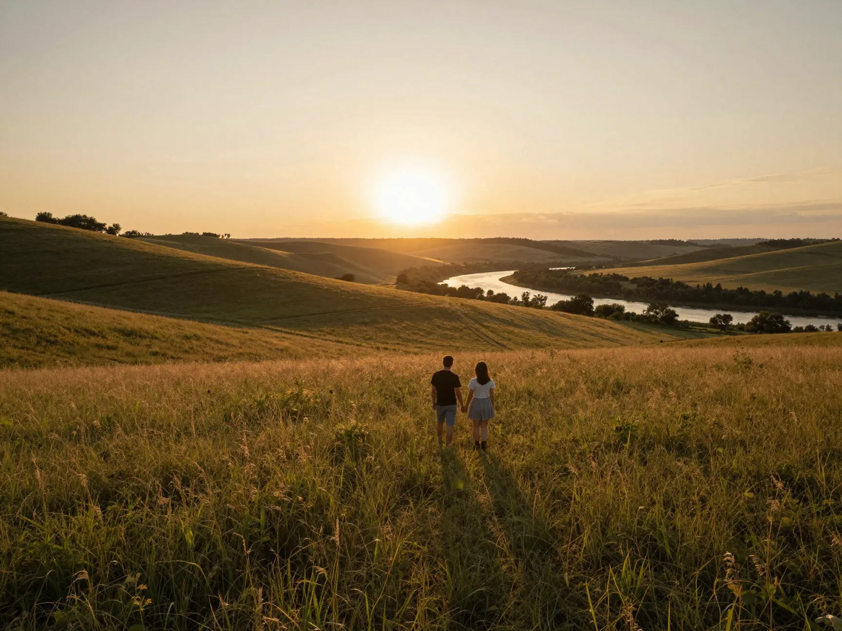Couple in sunset light amidst rolling hills and open meadows