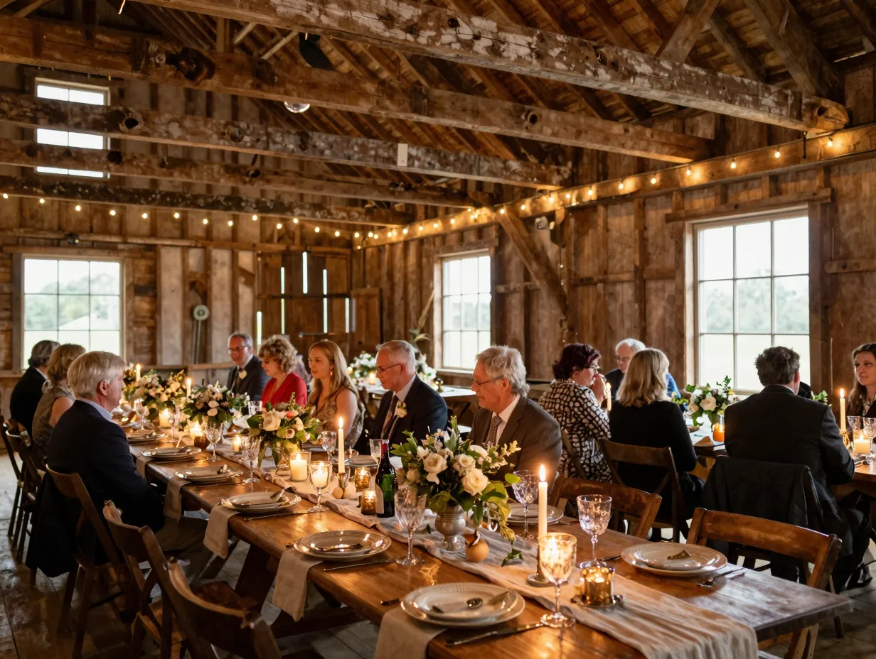 Authentic barn wedding reception with exposed beams and candlelight