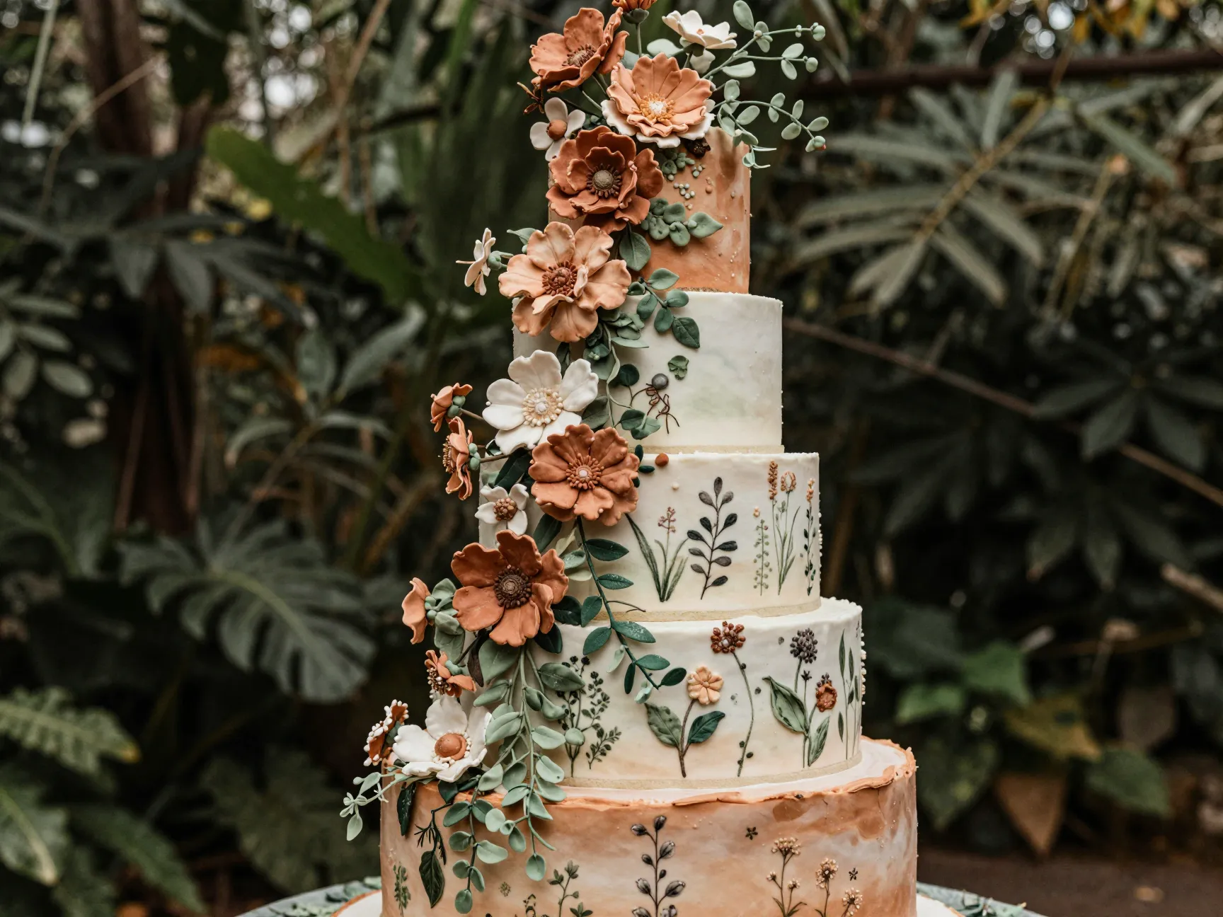 Botanical garden anniversary cake with cascading sugar flowers and greenery