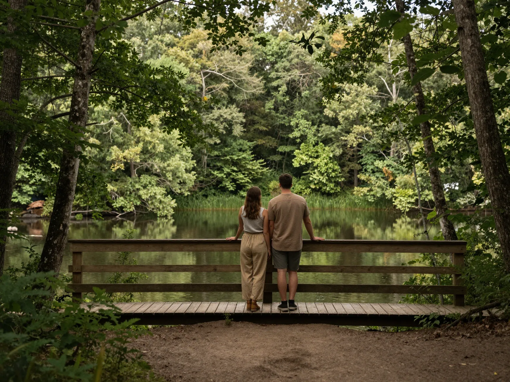Couple on bridge overlooking serene lake in dense forest