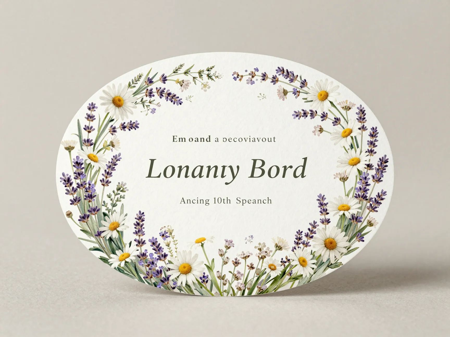 Oval shaped invitation with full bleed wildflower border design