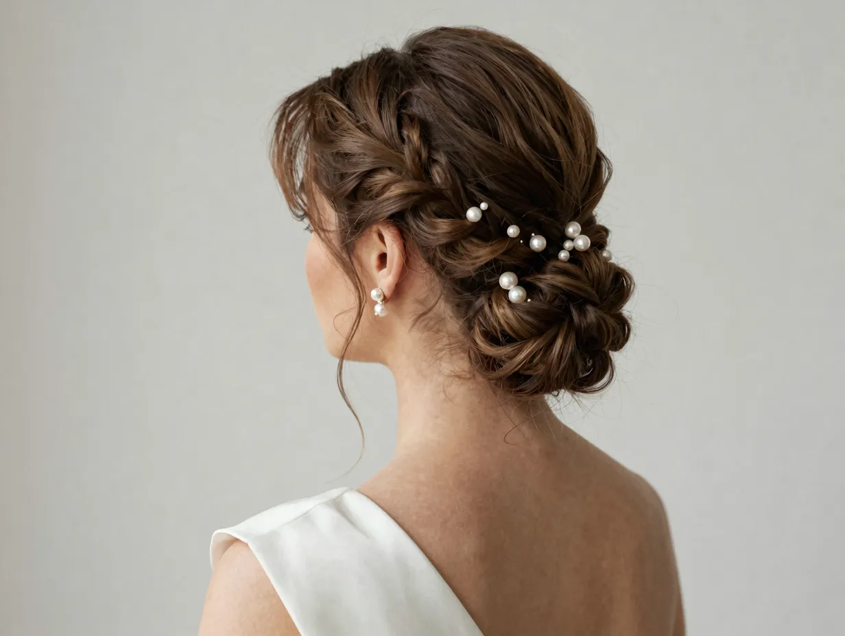 Side swept updo maid of honor with pearl pins