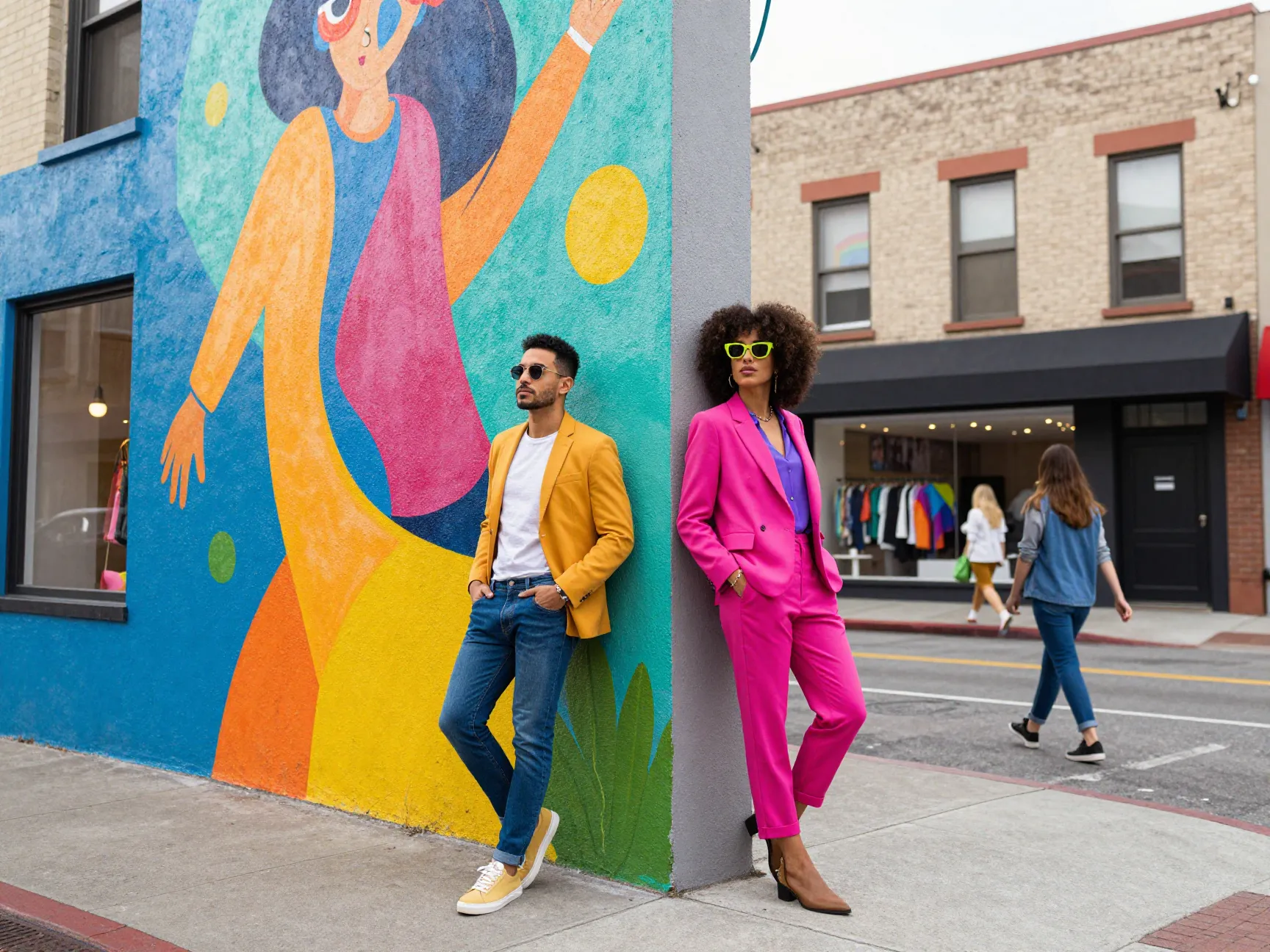 Stylish couple posed before a colorful mural in urban neighborhood