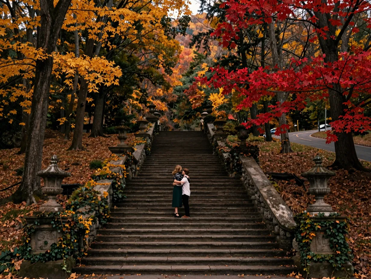 Couple on stone staircase draped in ivy amidst autumn foliage