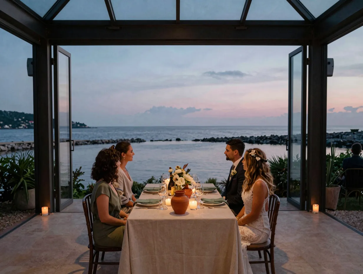 Elevated coastal wedding dinner in a glass walled pavilion at dusk