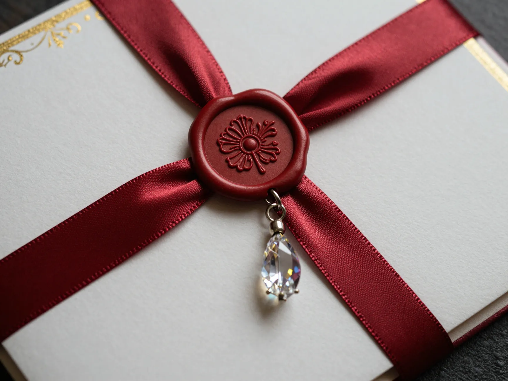 Embellished invitation with wax seal and dangling crystal charm