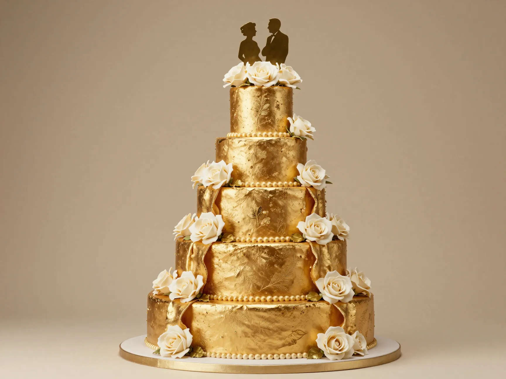 Golden legacy anniversary cake draped in edible gold leaf with sugar roses