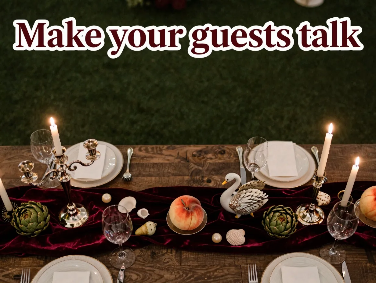 Jeweled fruit silver candelabra swan seashell velvet table draping