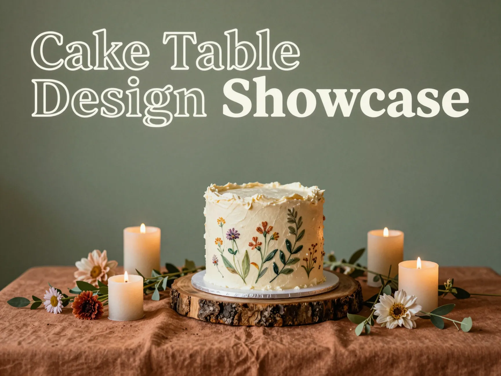 Large botanical cake terracotta linen floral candles tabletop