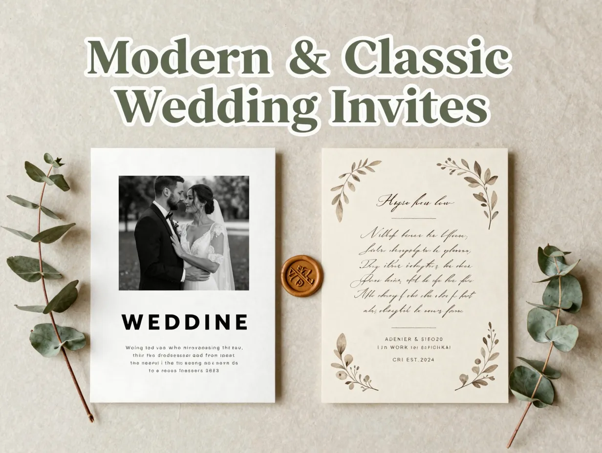 Minimalist modern classic botanical wedding invitation flat lay comparison