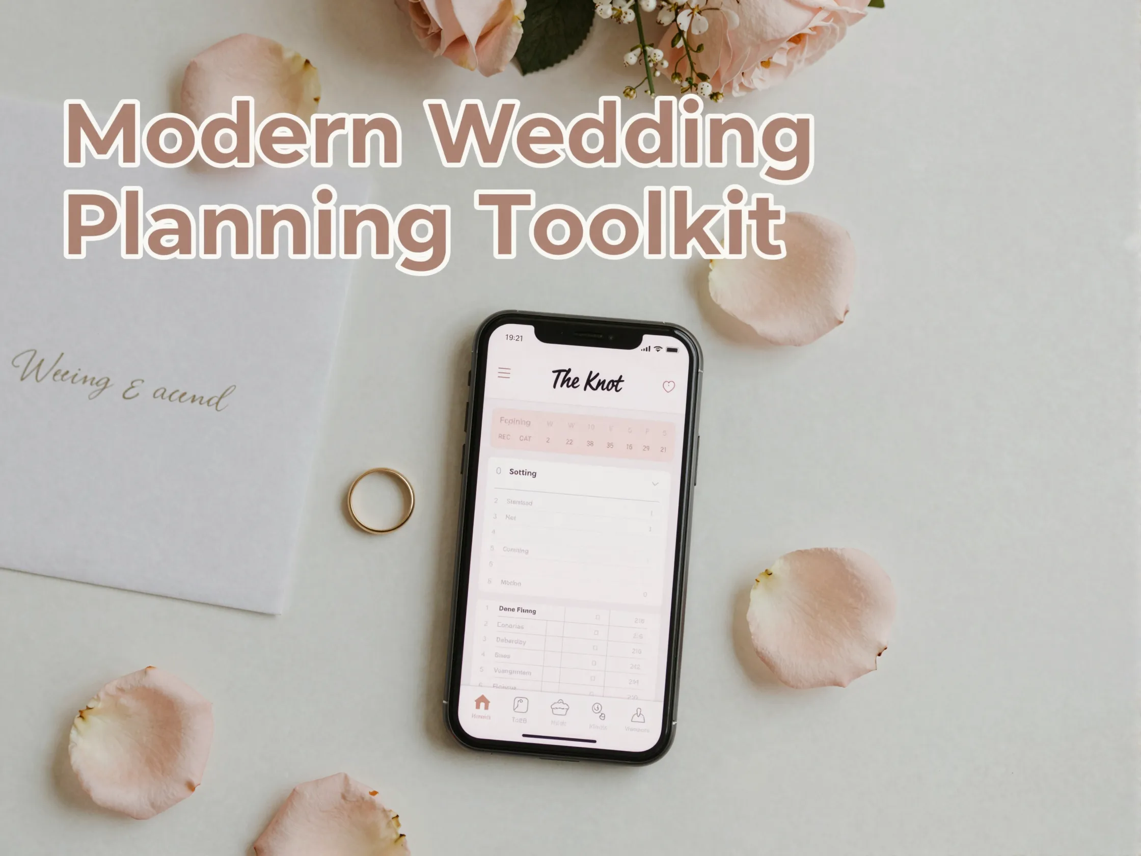 Smartphone apps wedding ring invitation bouquet seating chart budget notebook flatlay