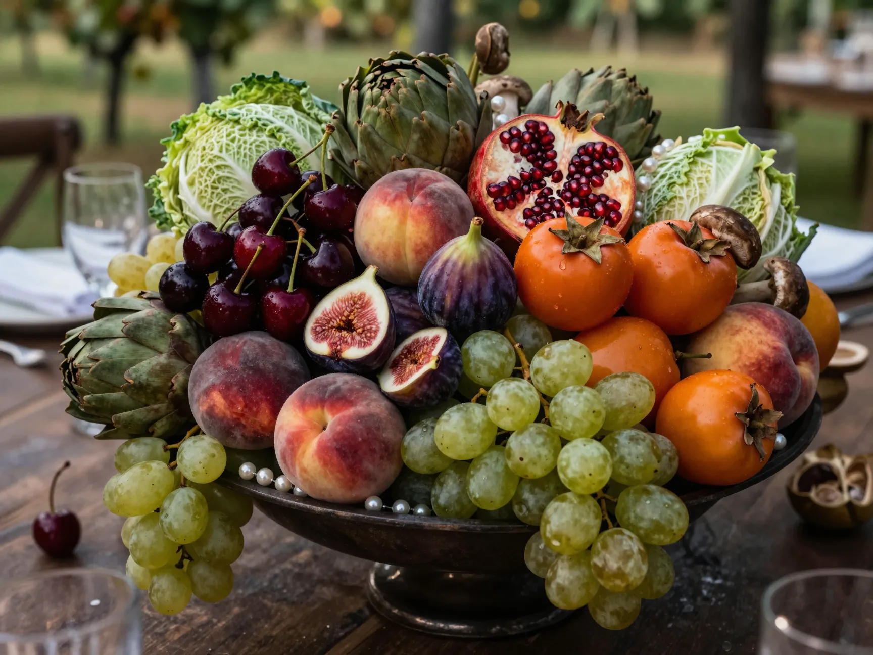 Bejeweled stone fruit and vegetable still life centerpiece