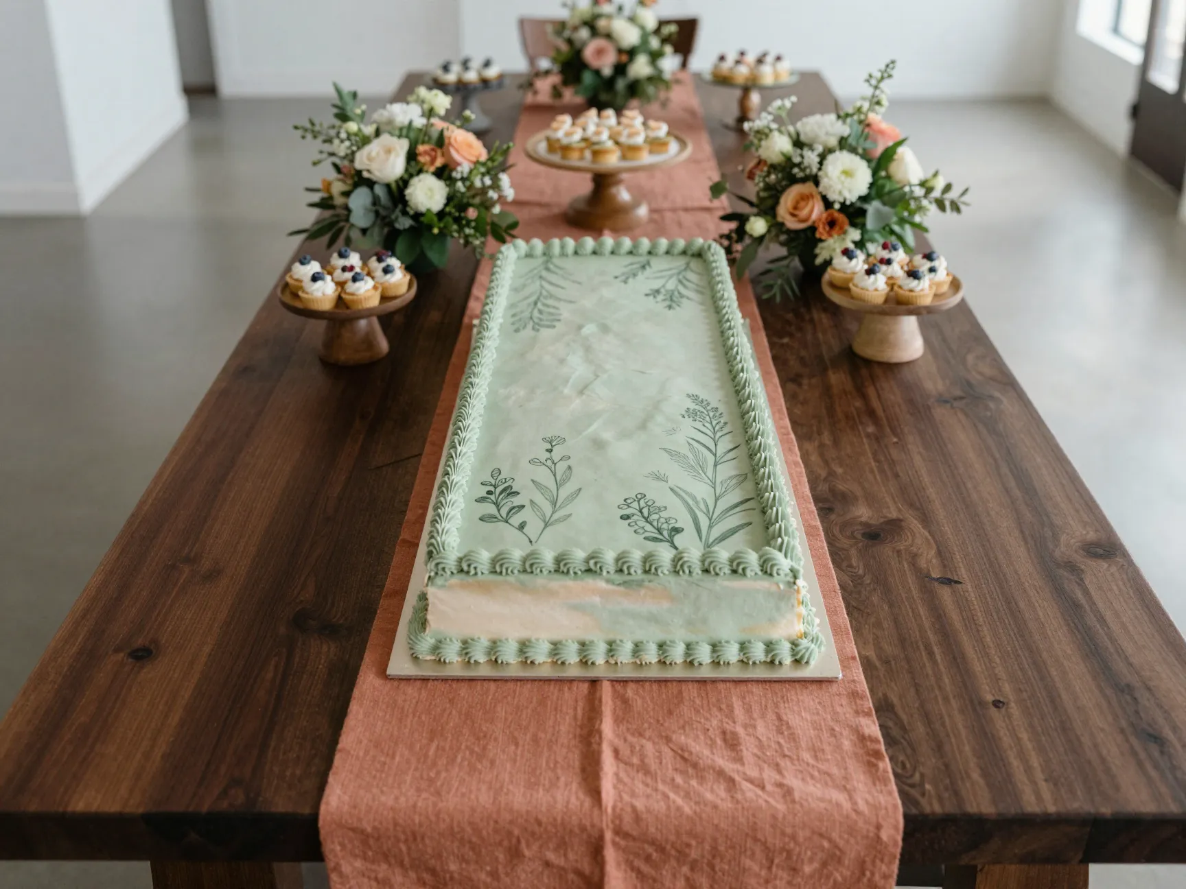 Long rectangular sheet cake on dark walnut table with terracotta runner