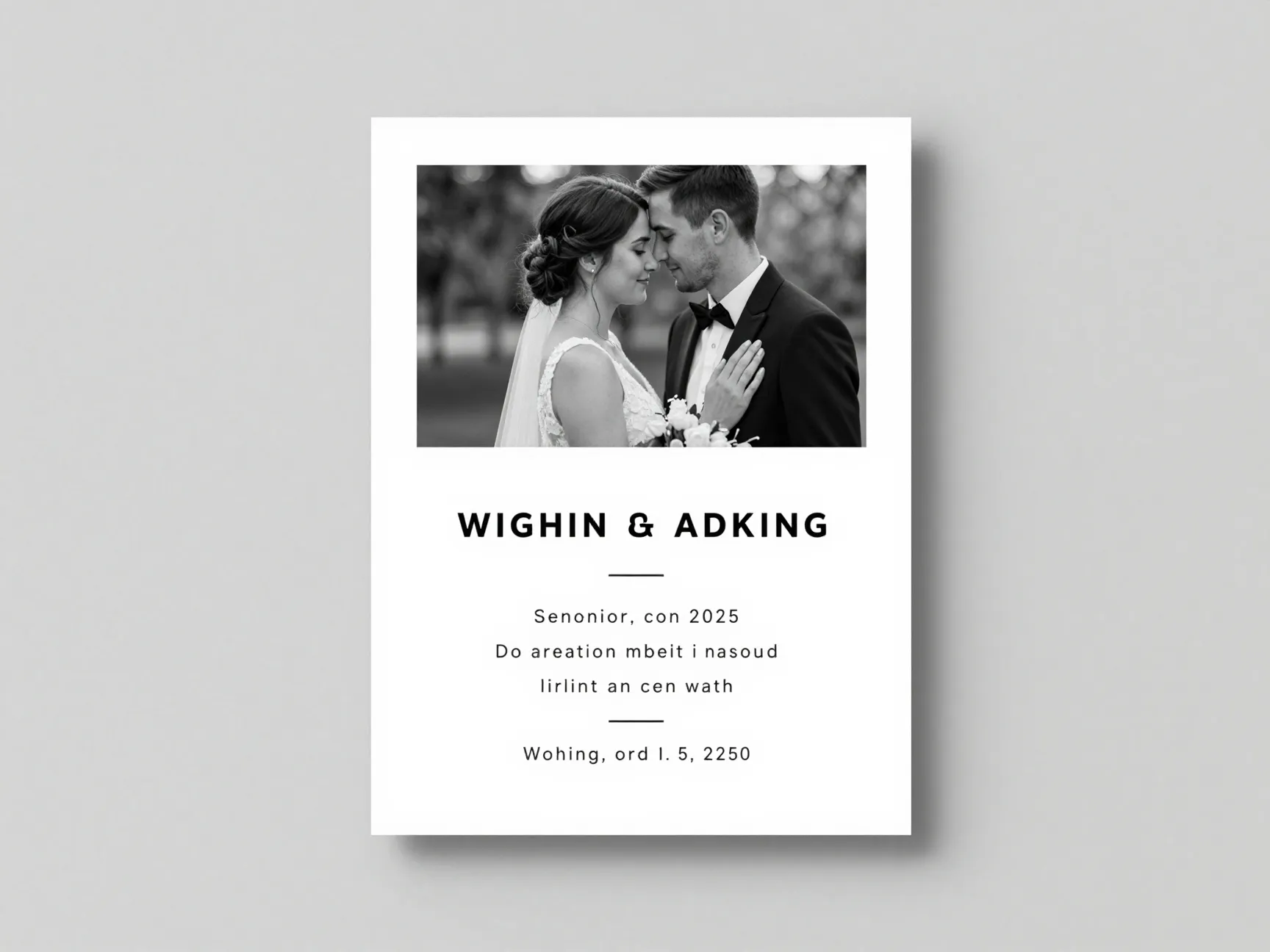 Minimalist wedding invitation black and white photo clean white paper