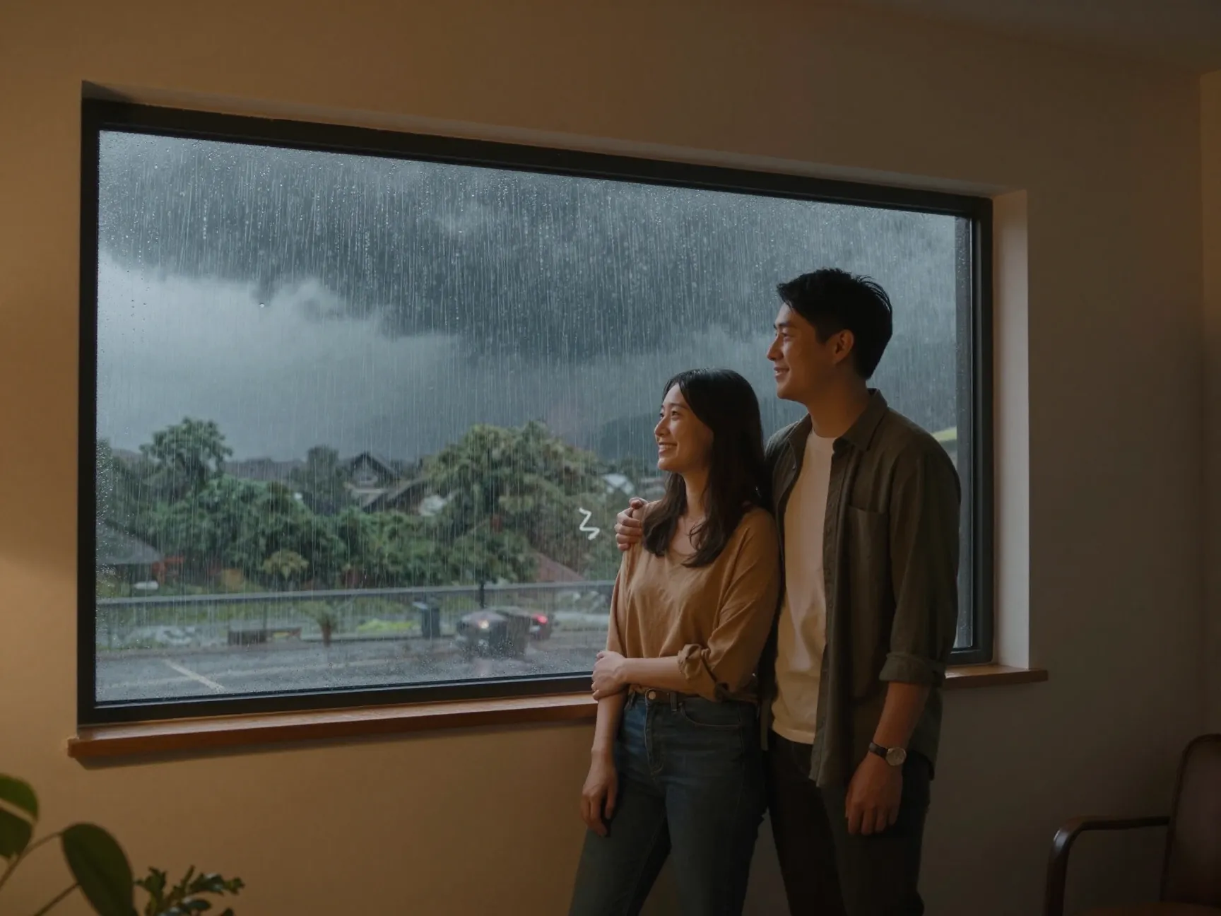 A calm couple indoors while a storm rages outside the studio