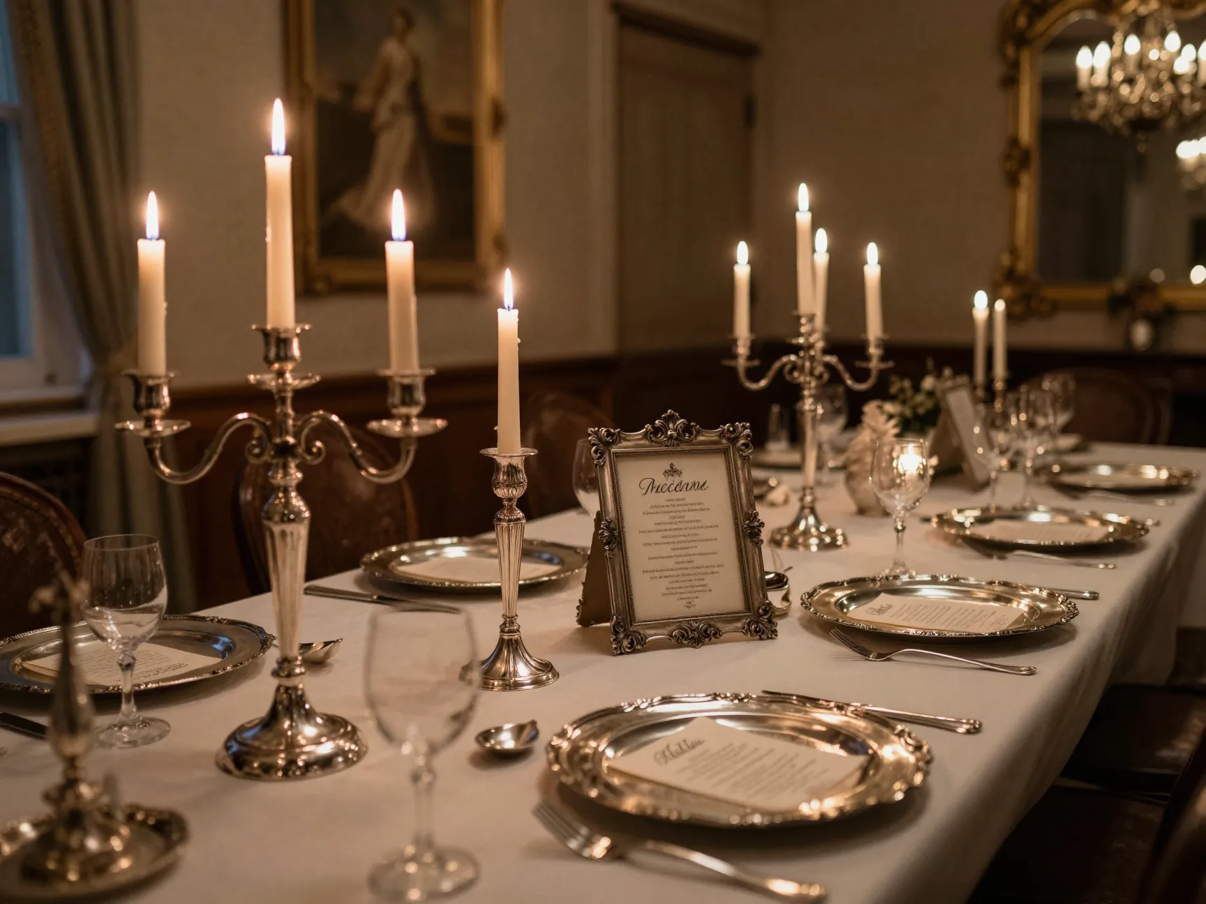 Antique silver candelabras and tableware on long dining table