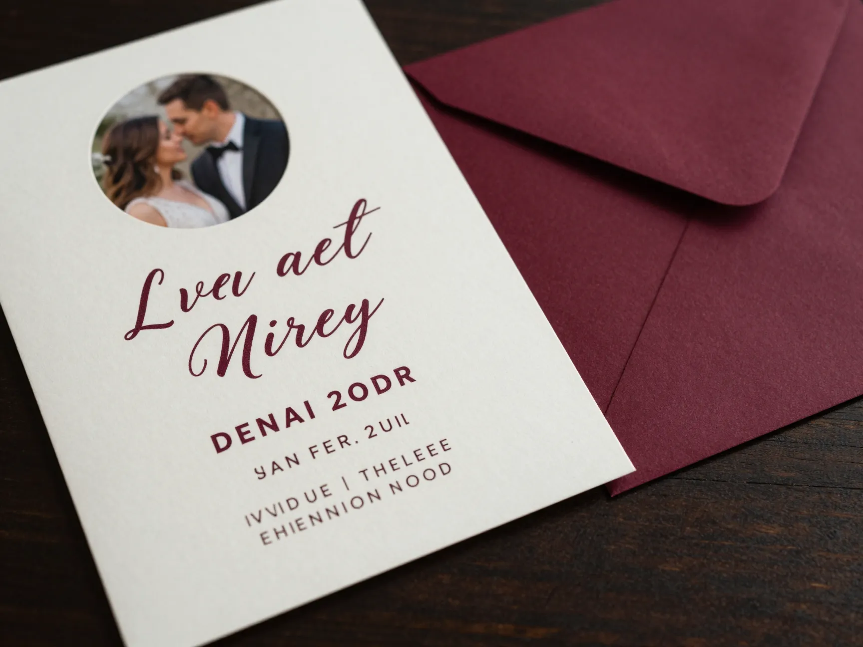 Bold typography wedding invitation circular photo deep burgundy accents