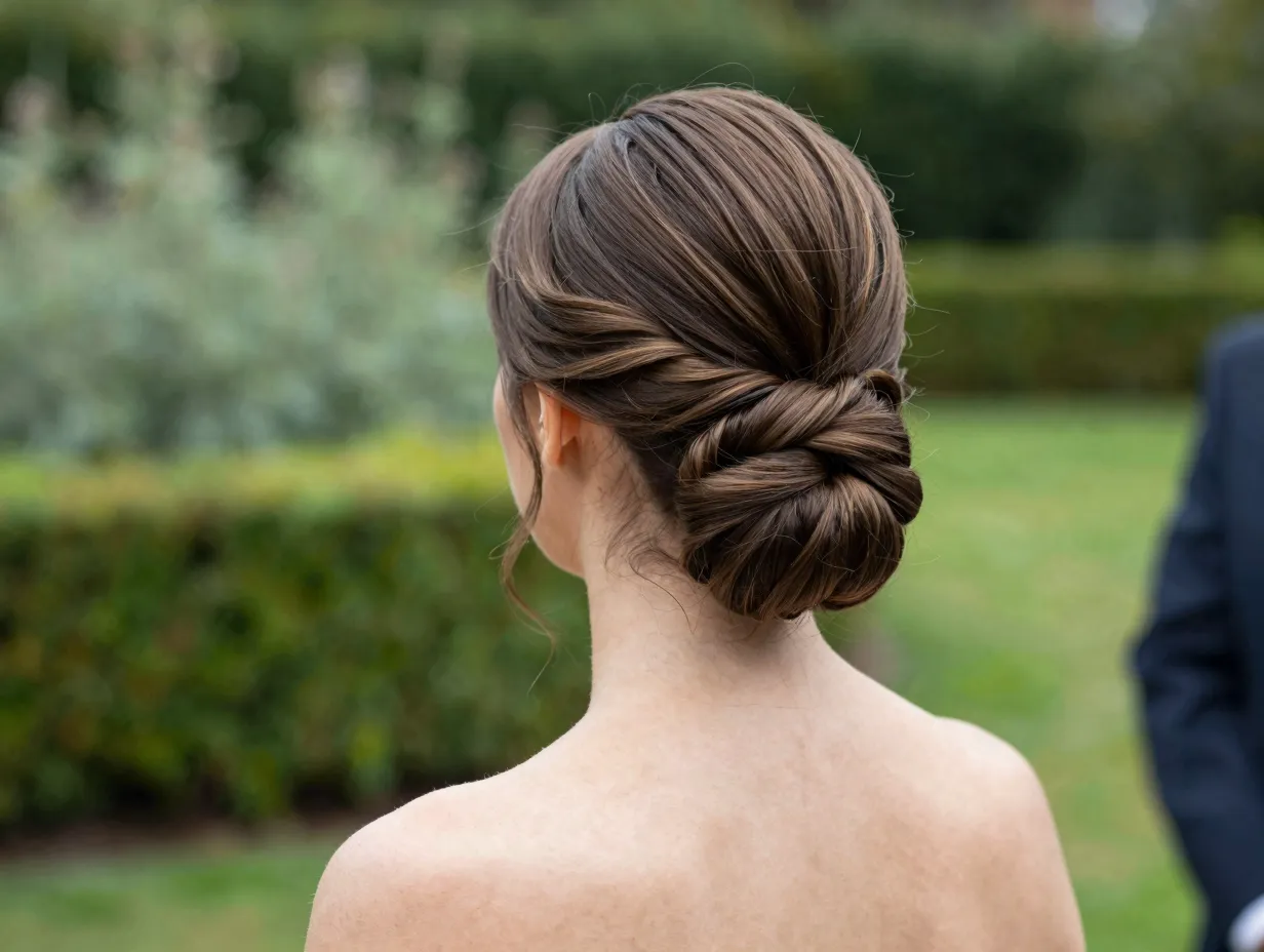 Bride with modern sleek french twist in garden ceremony