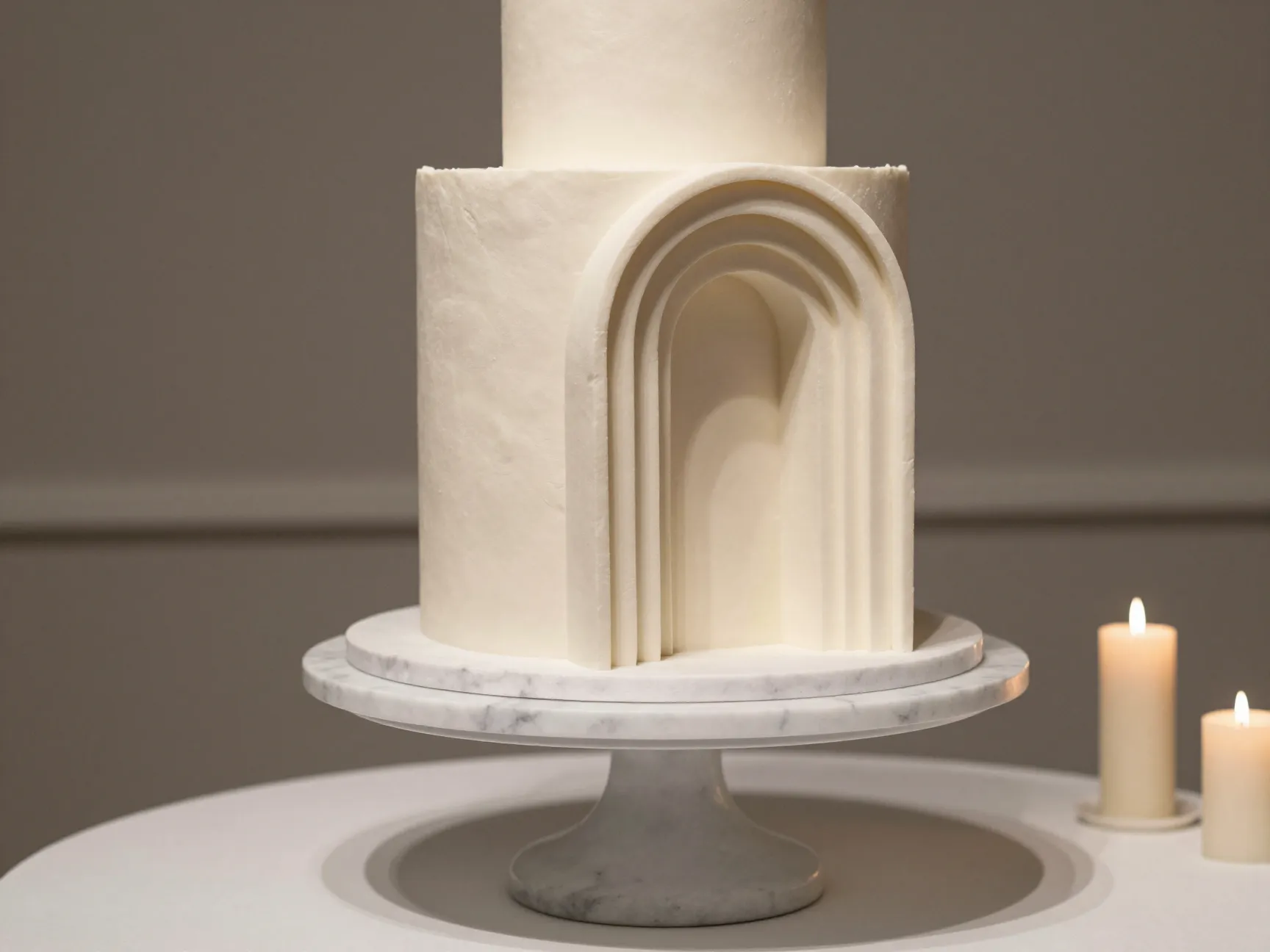 Sculptural architectural cake with arched tiers on marble stand