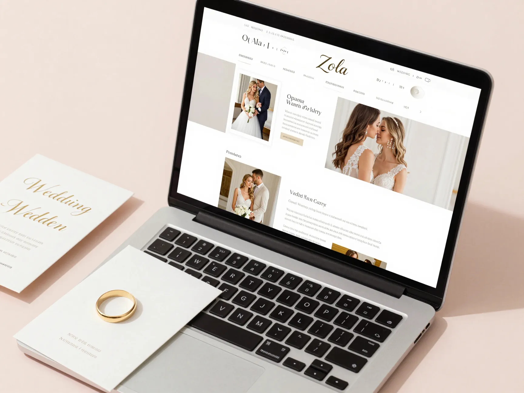 Zola wedding website designer showcasing customizable templates on laptop