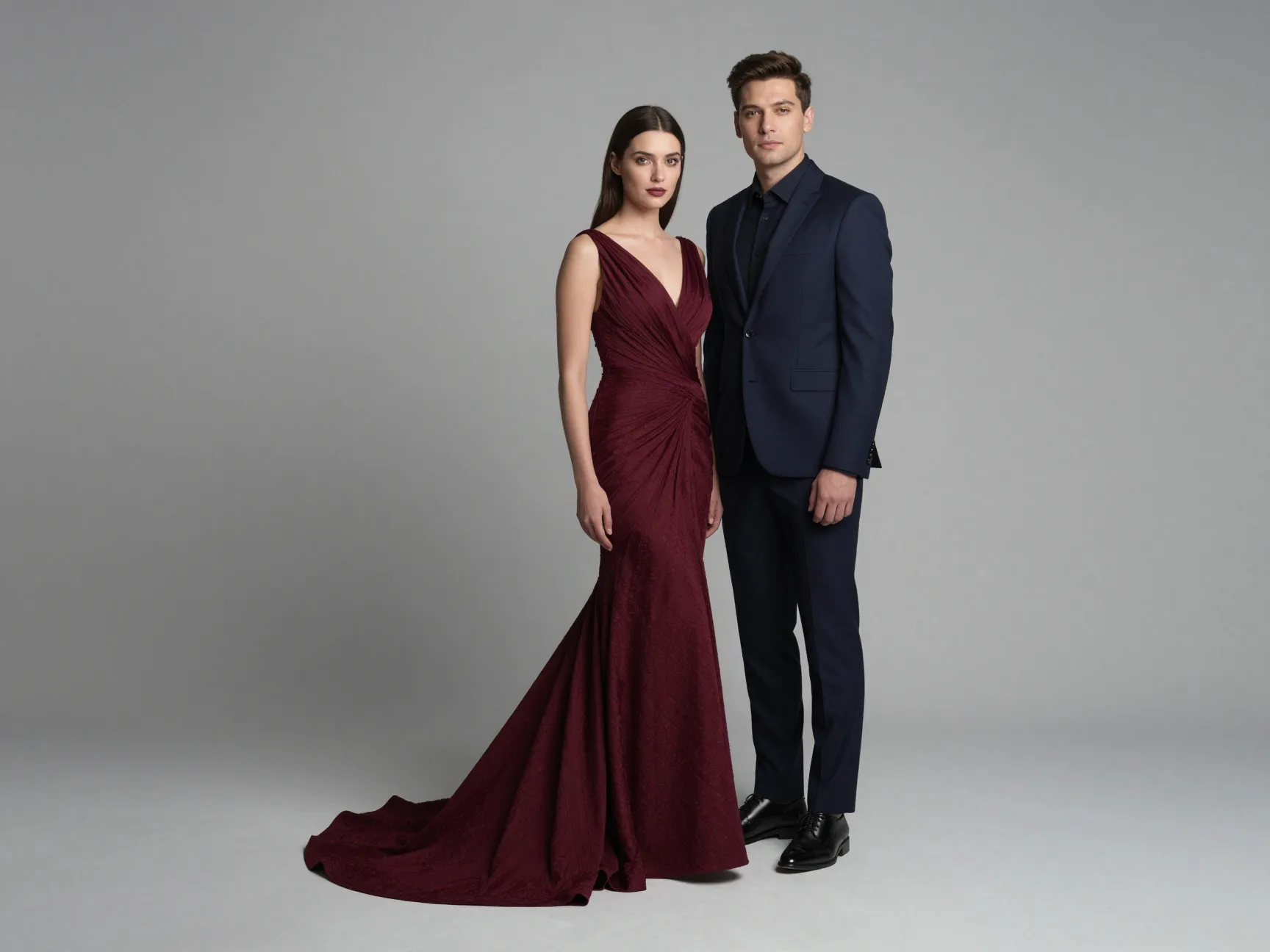 A couple in a burgundy gown and navy suit against a gray backdrop