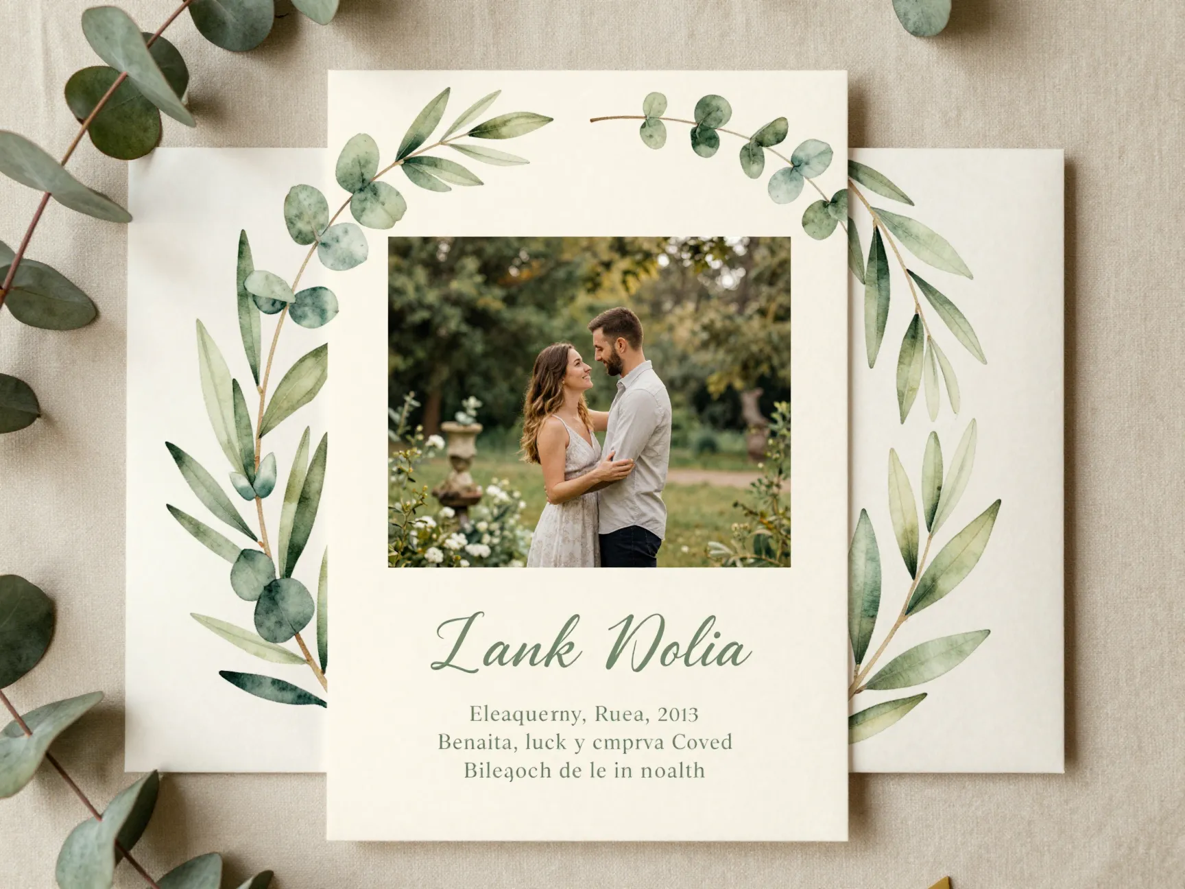 Botanical wedding invitation muted photo watercolor greenery border