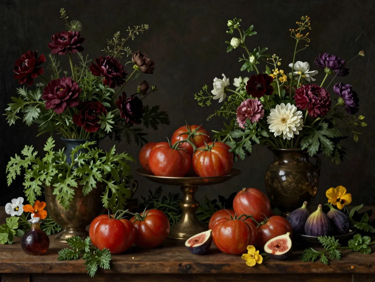 Fine art still life featuring menu ingredients and dramatic florals