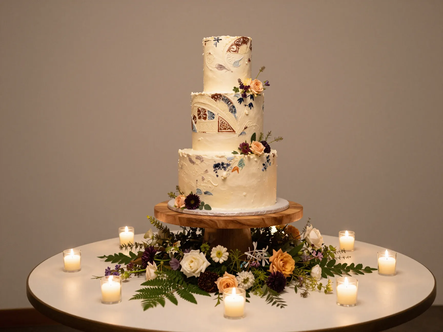 Large single tier cake on wooden plinth with loose organic florals