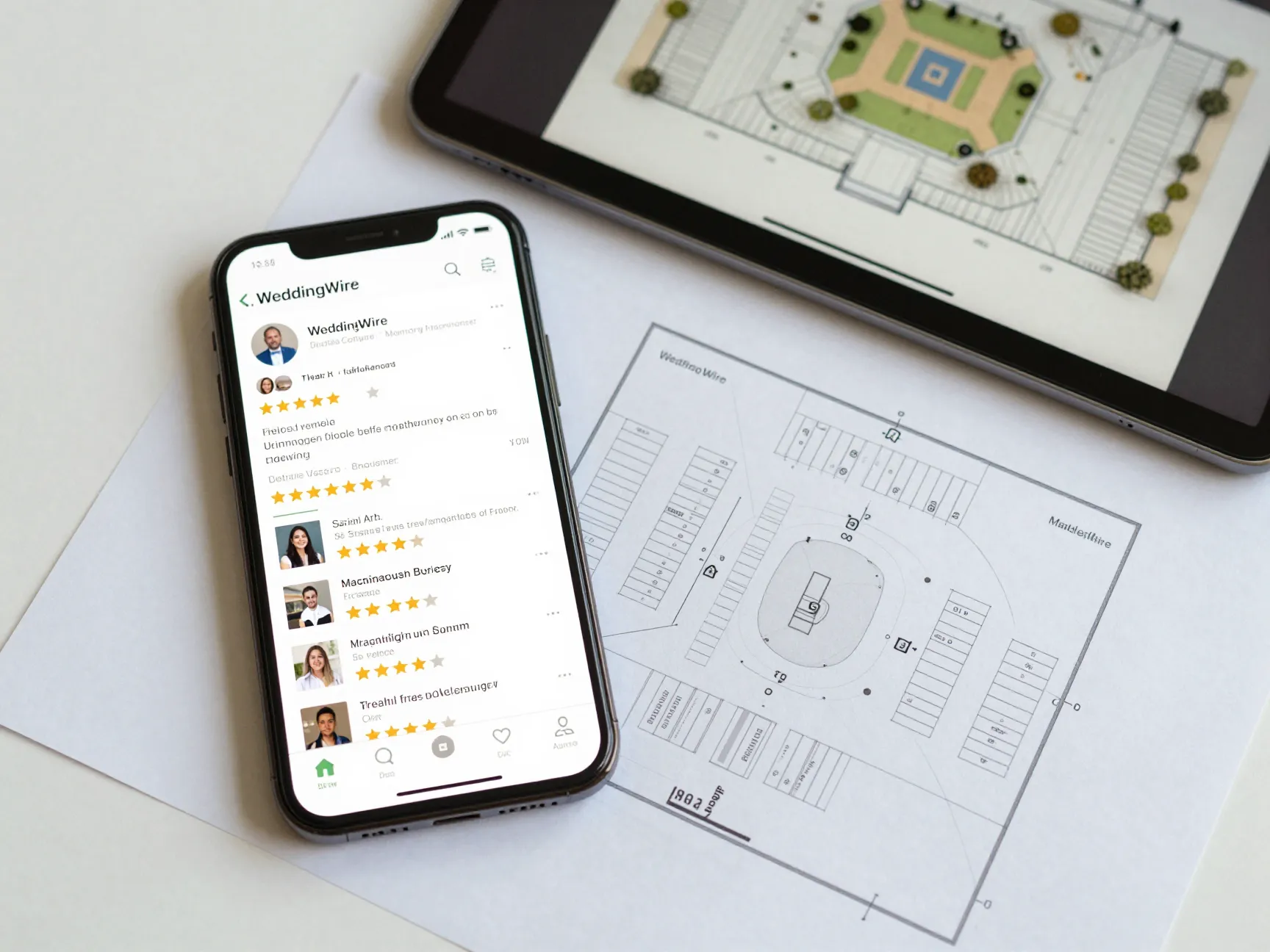 Weddingwire app interface for detailed vendor reviews and seating charts