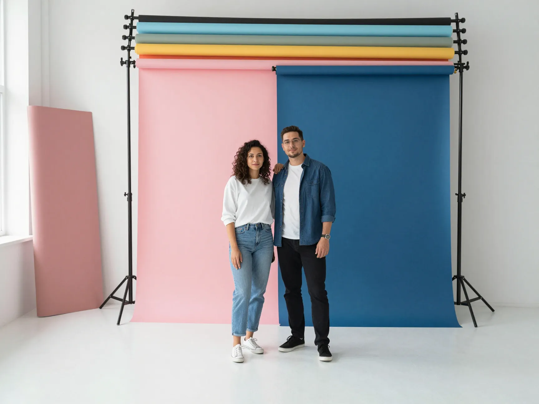 A couple posing between colorful seamless paper backdrops