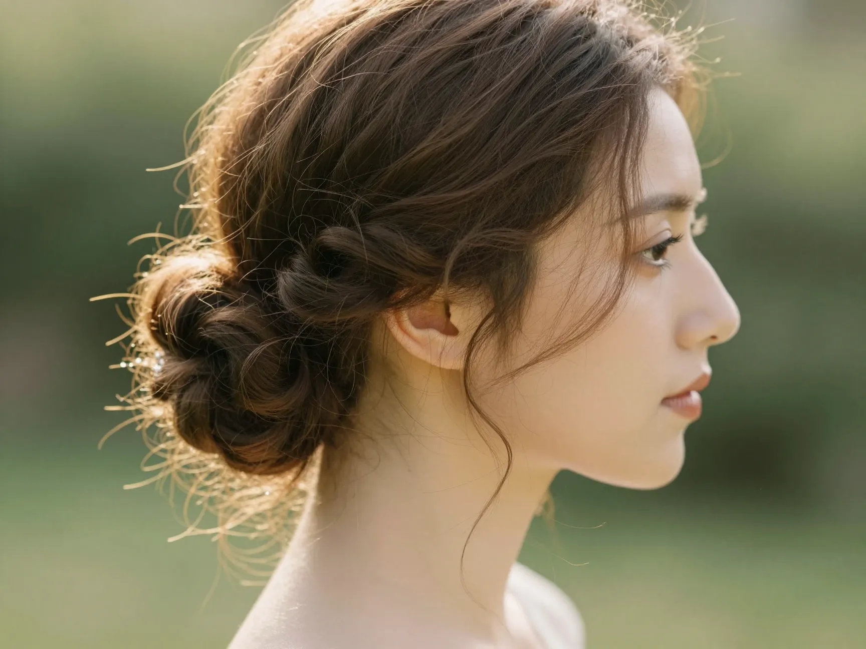 Bride with romantic low bun and edwardian tendrils outdoor