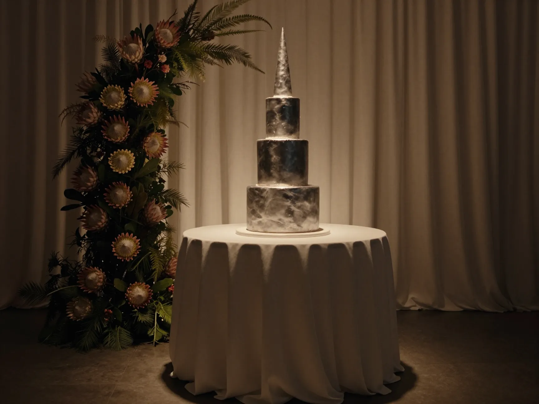 Cone shaped cake with metallic finish on round pedestal table