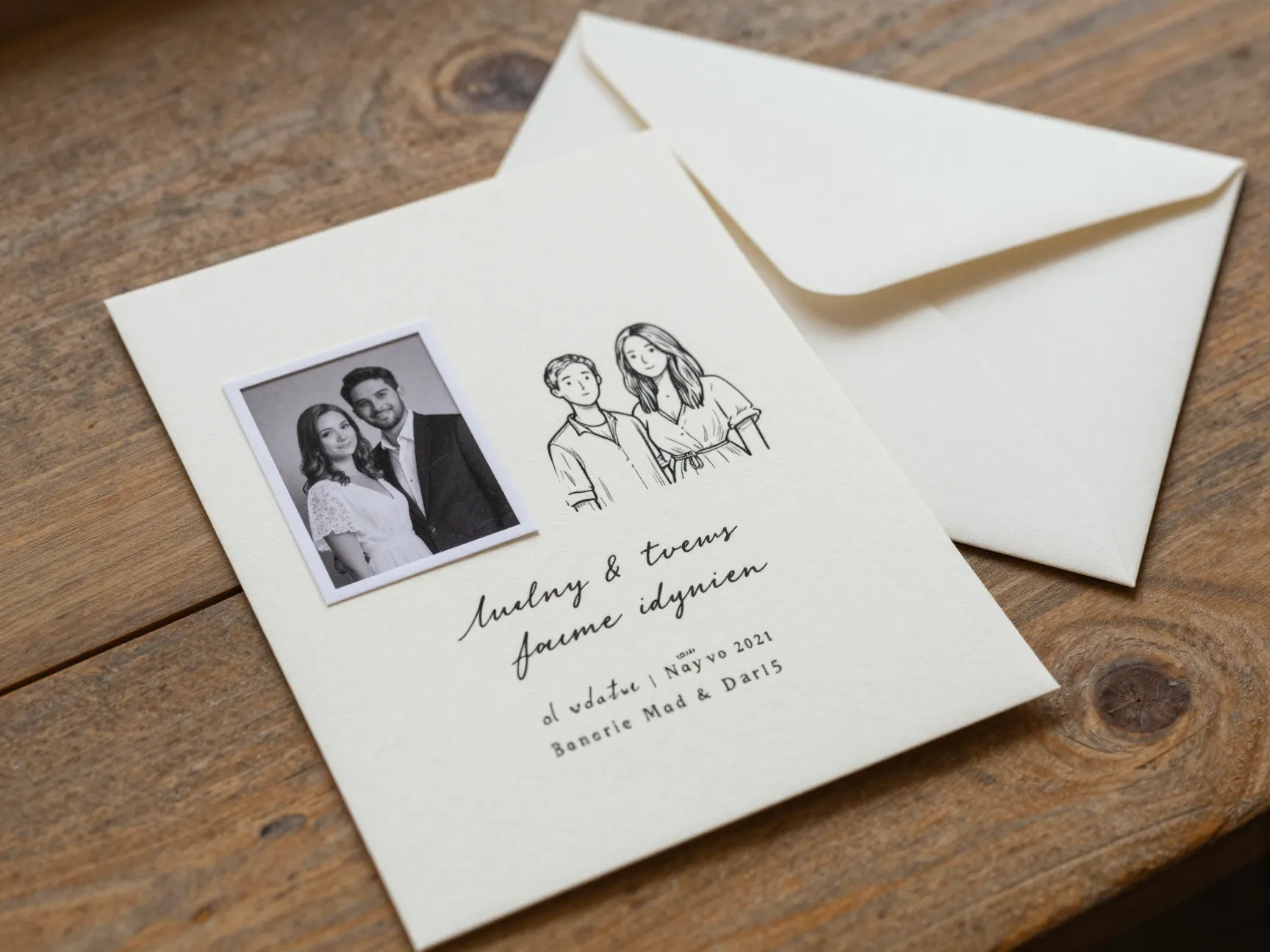 Hand illustrated wedding invitation small photo custom line drawings