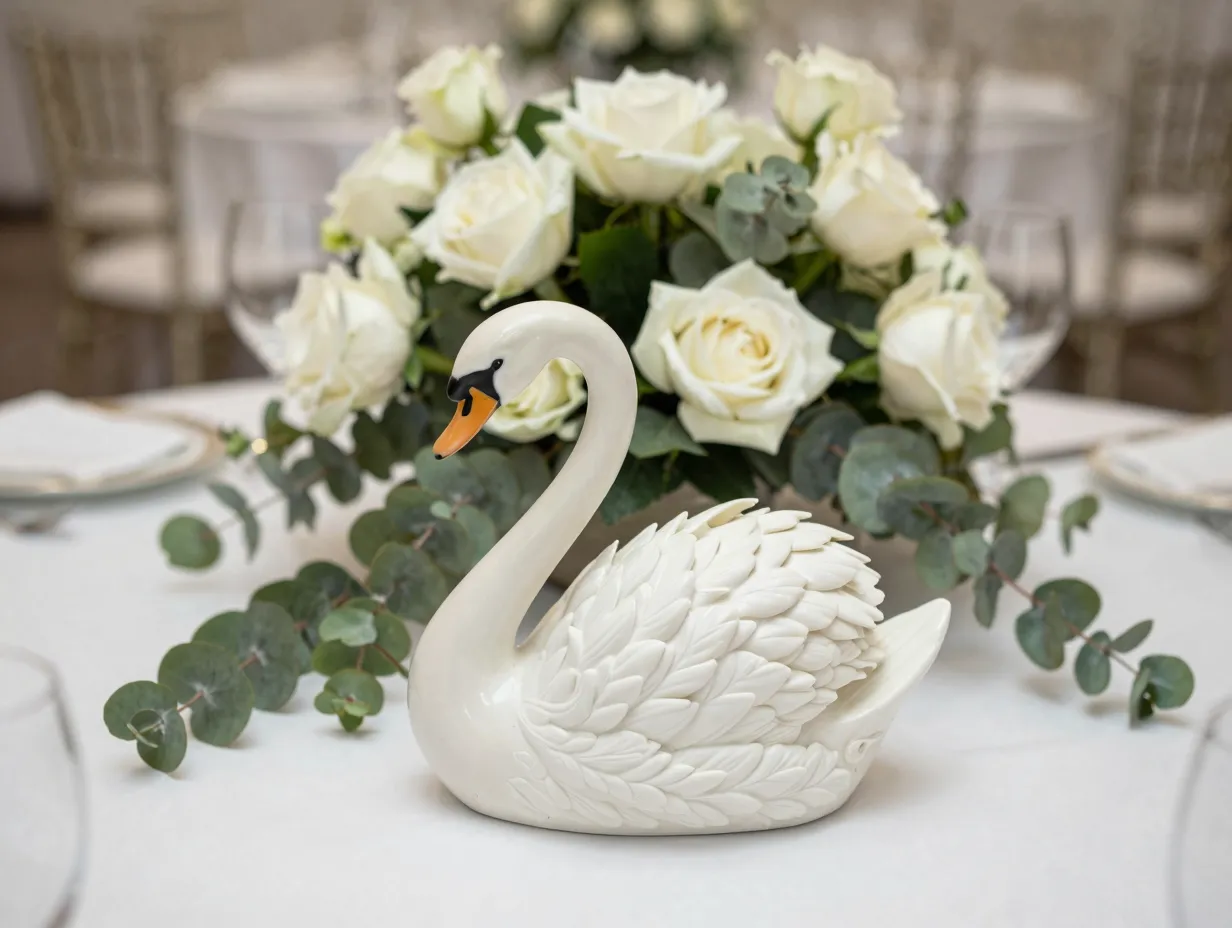 White porcelain swan sculpture with soft white florals centerpiece