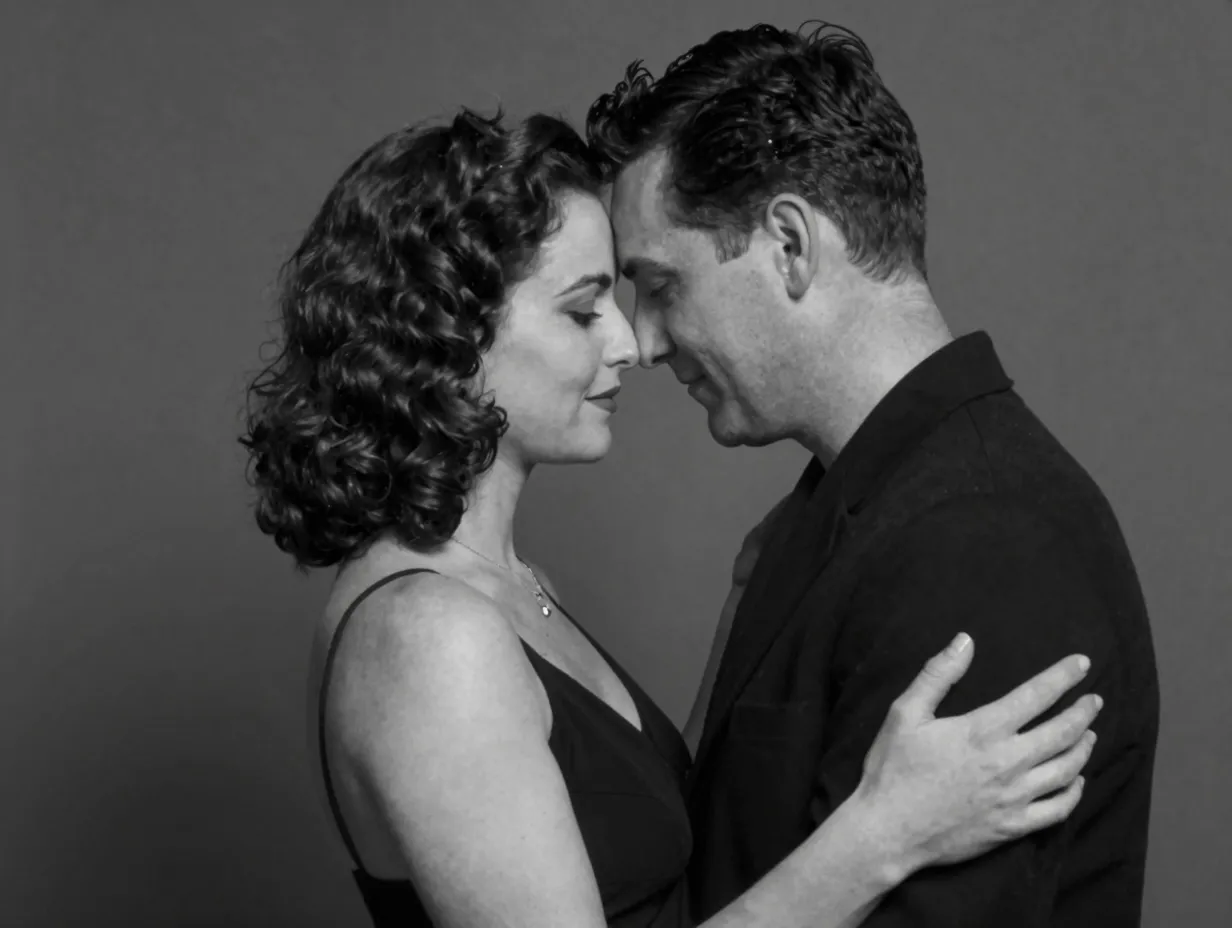 A timeless black and white studio portrait of an embracing couple