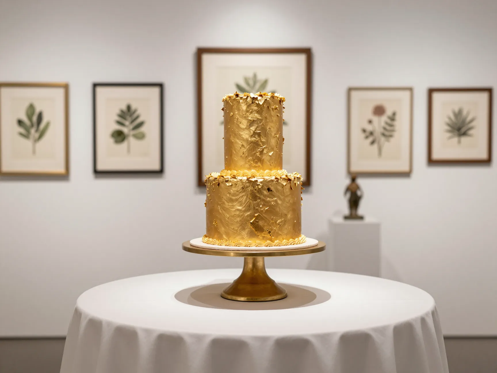 Gold leaf cake on white tablecloth with framed botanical prints