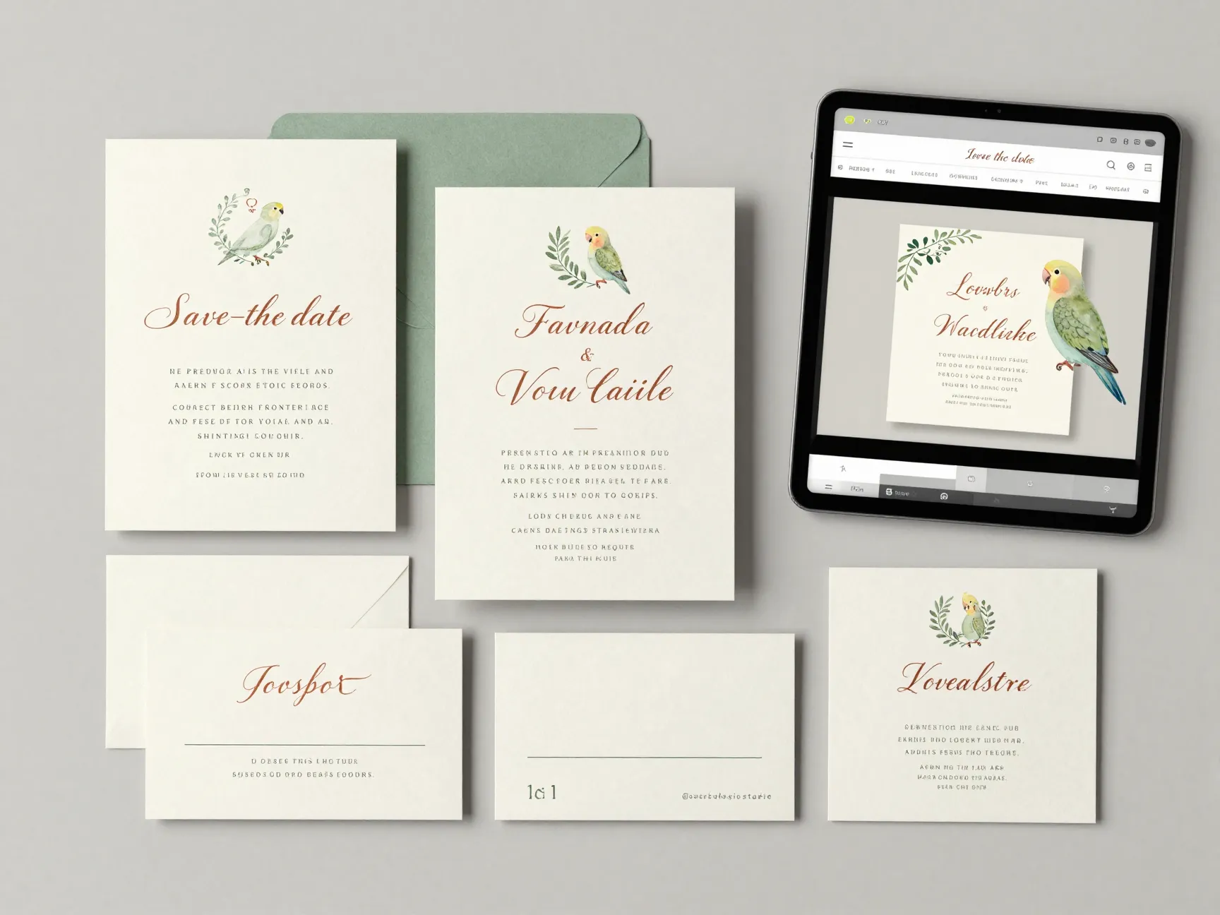 Lovebird coordinated wedding invitation suite design station