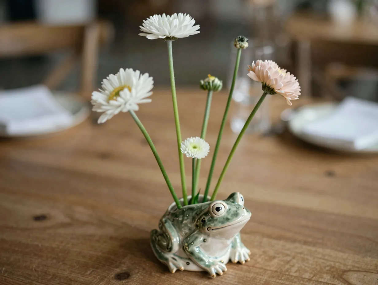 Ceramic floral frog holding intentional bloom arrangement in vessel