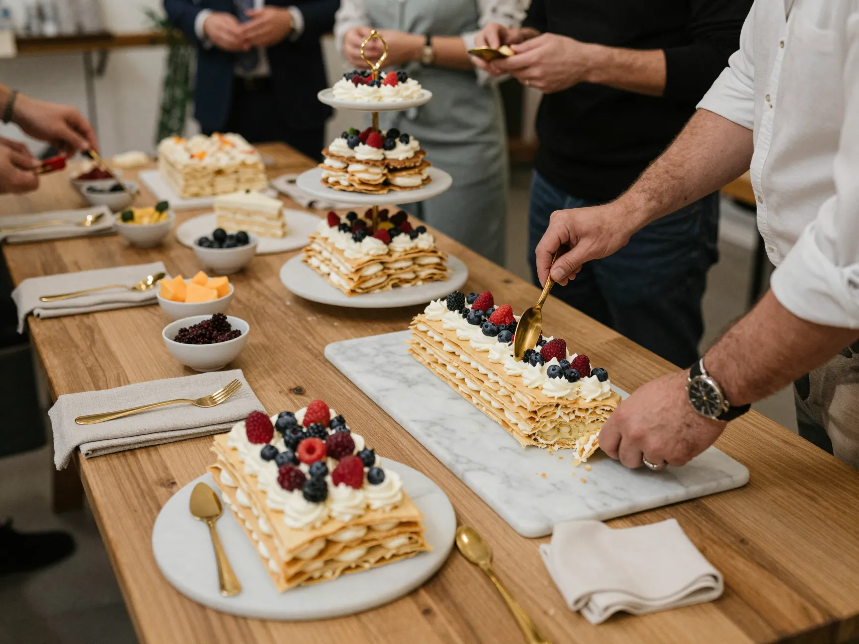 Tableside assembly of millefoglie cake with fresh berries