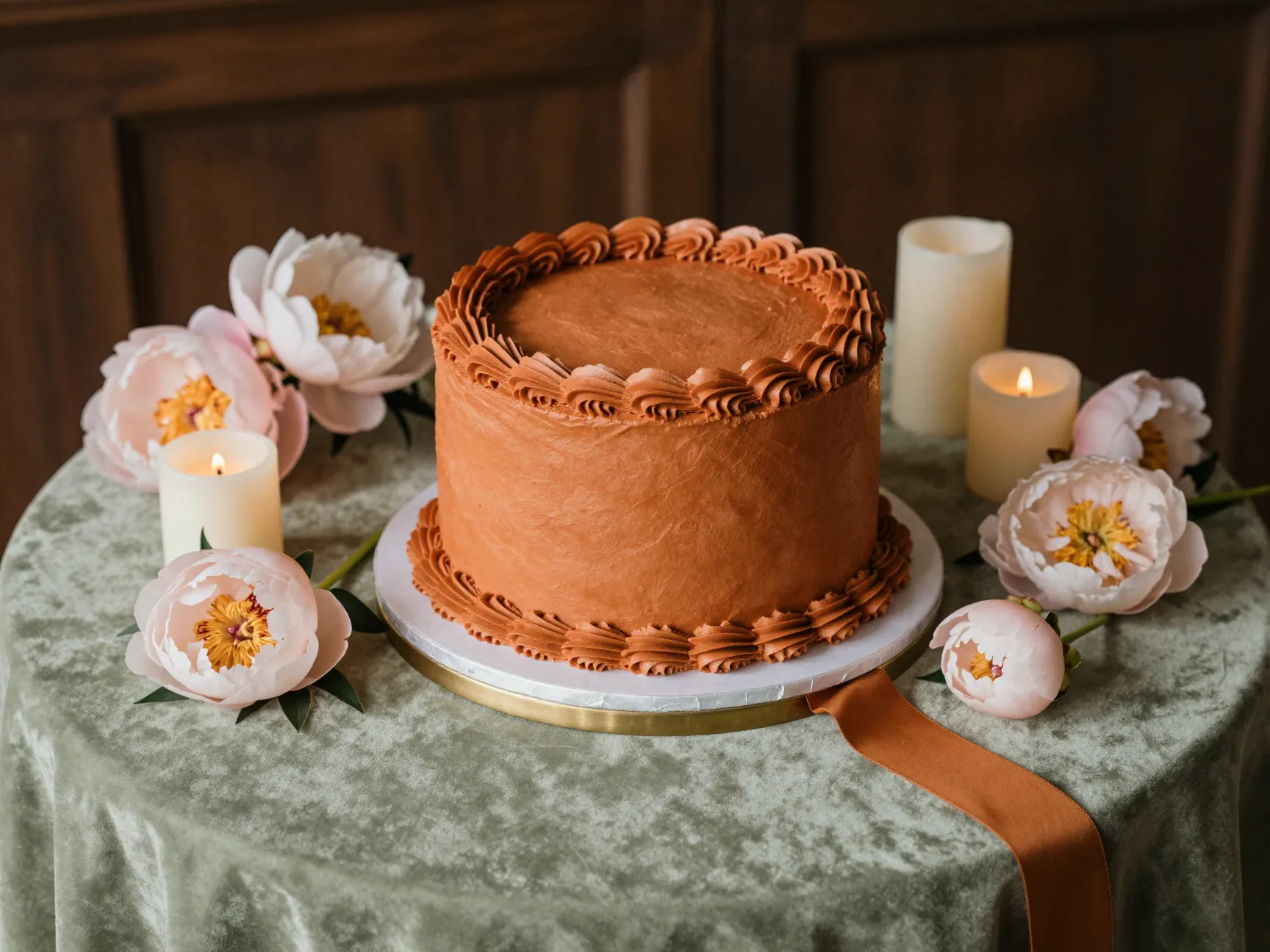 Bold ochre lambeth cake on sage velvet with blush peonies