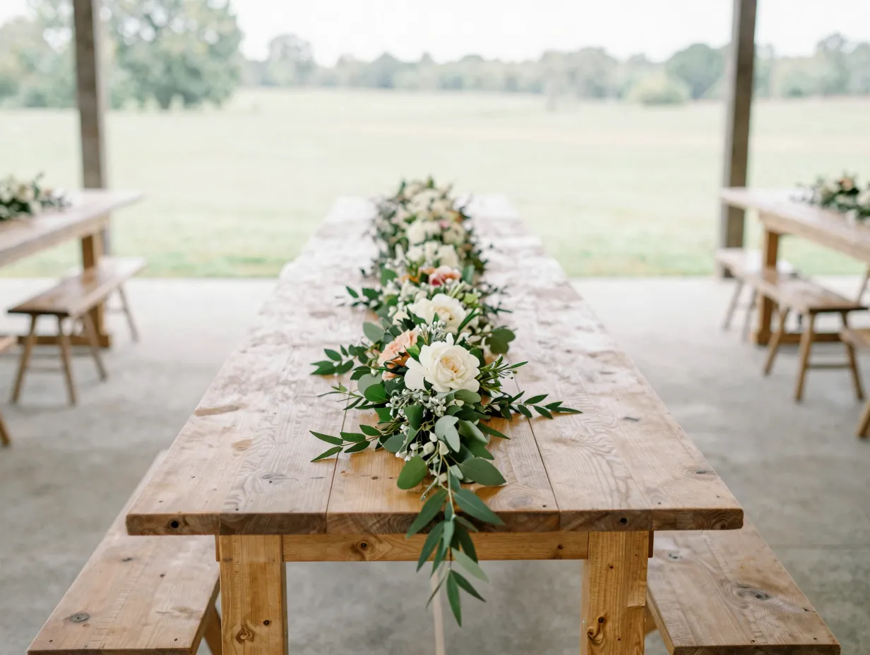 Low floral garland runner on long farm table with open sightlines