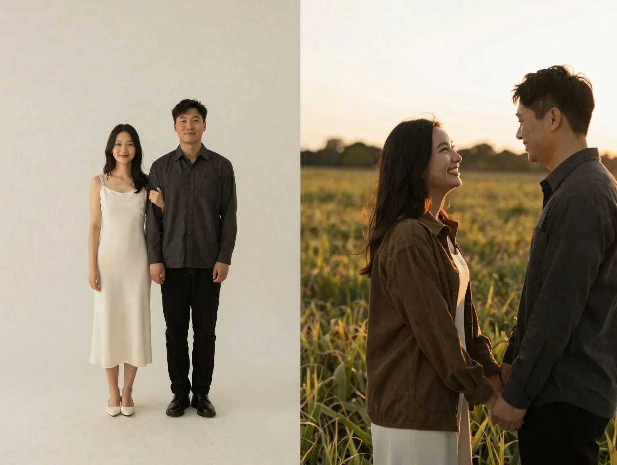 A split scene showing studio and outdoor engagement photo styles
