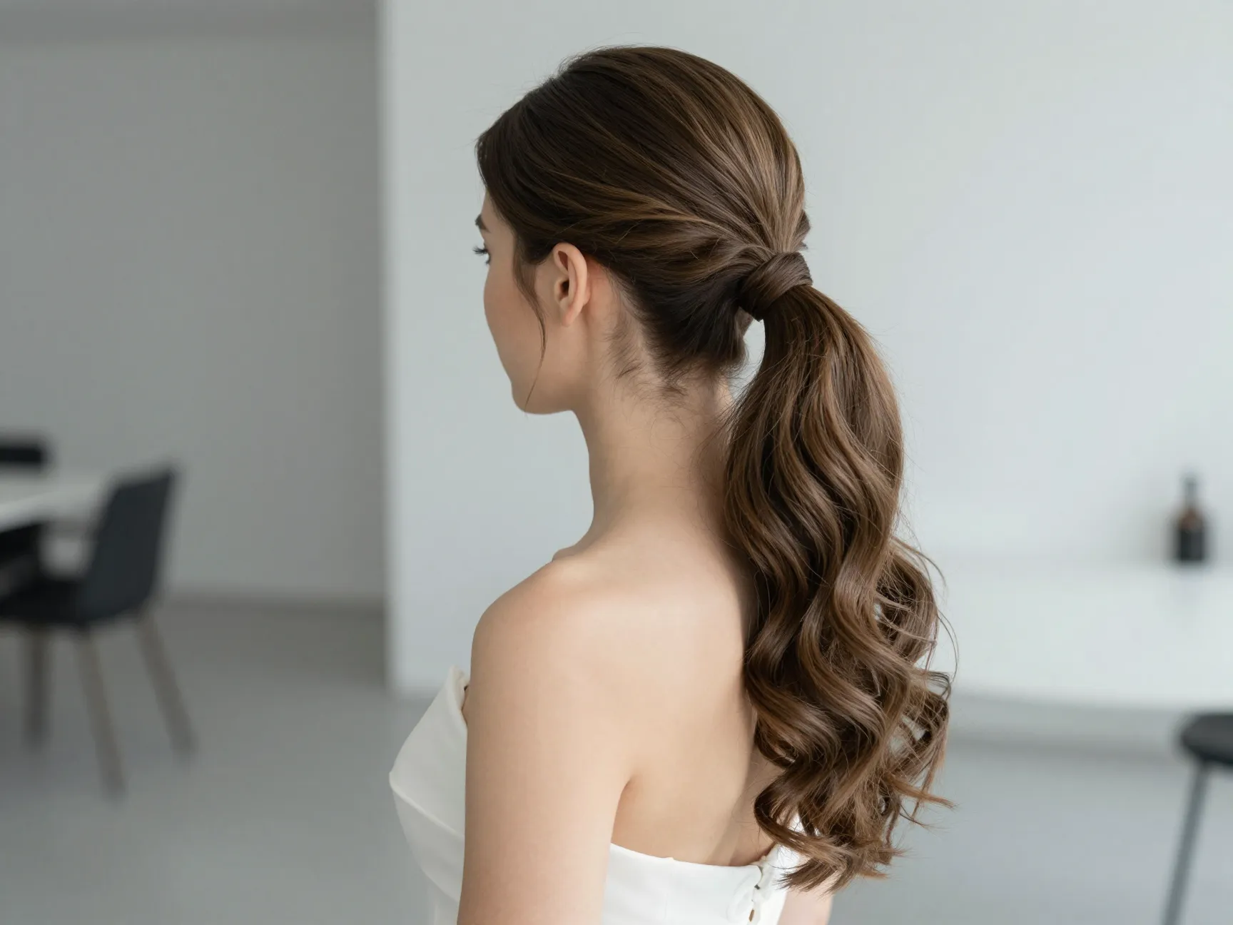 Bride with elevated sleek ponytail and wrapped base