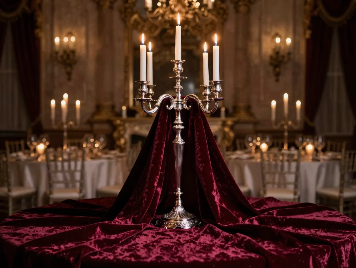 Burgundy velvet fabric draping around base of silver candelabra