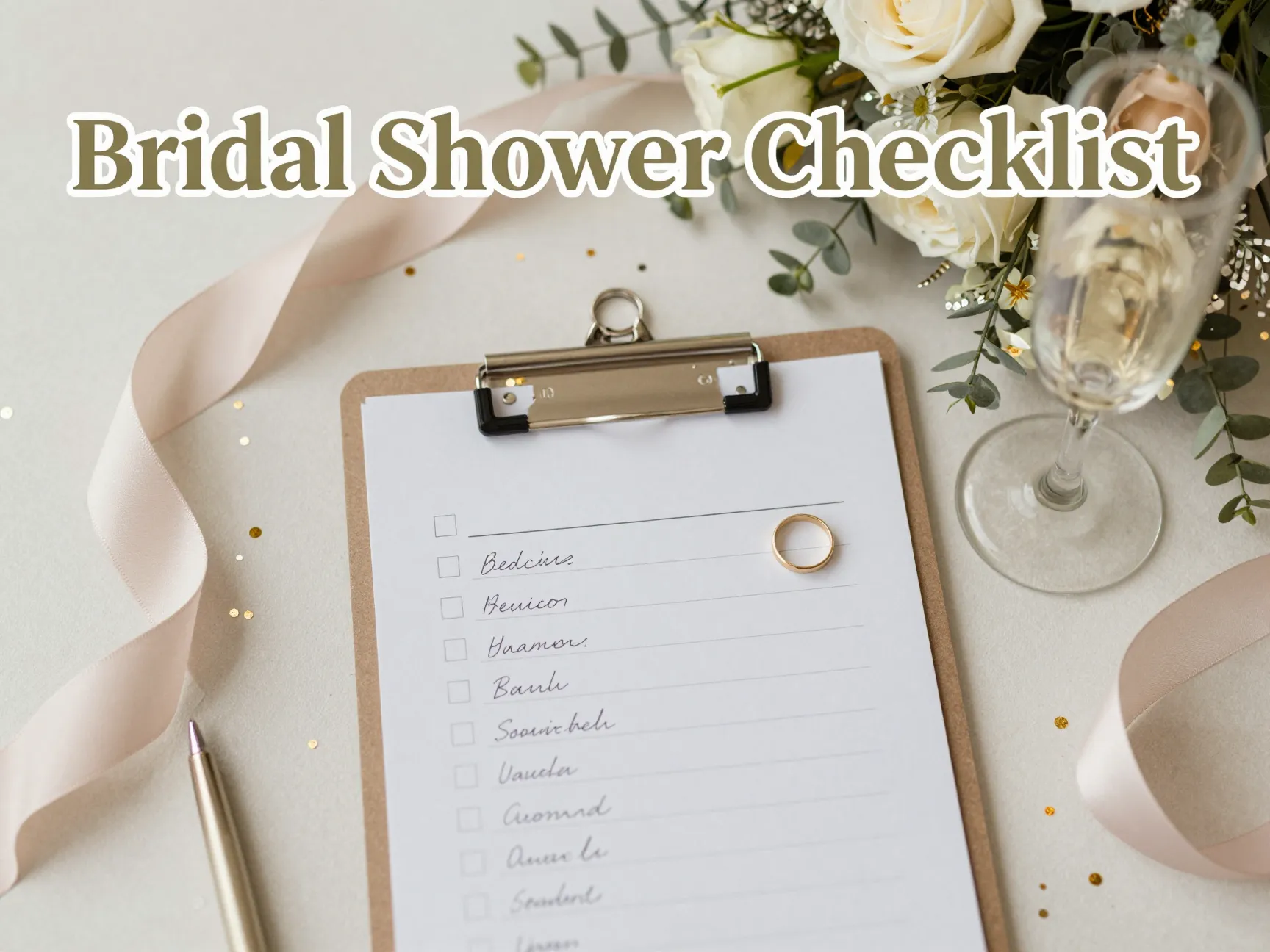 Clipboard checklist ring champagne bouquet confetti pastel workspace