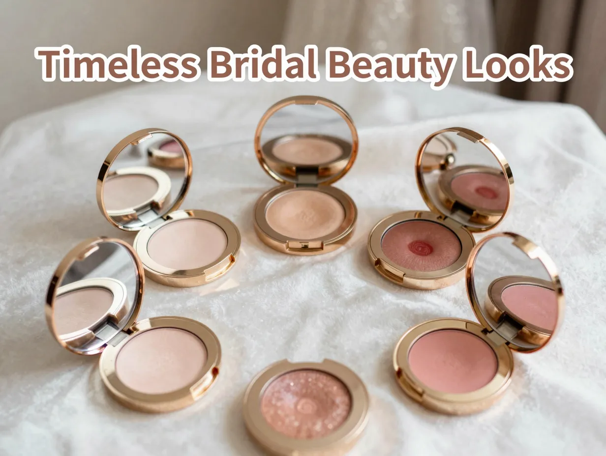 Eight gold compacts reveal timeless bridal makeup looks on silk