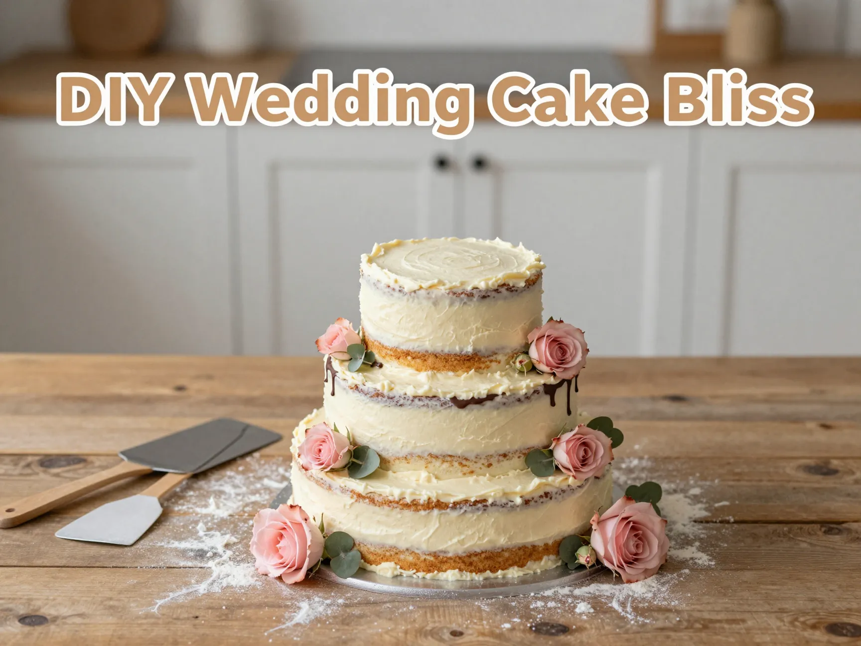 Semi naked wedding cake with roses drip on rustic table