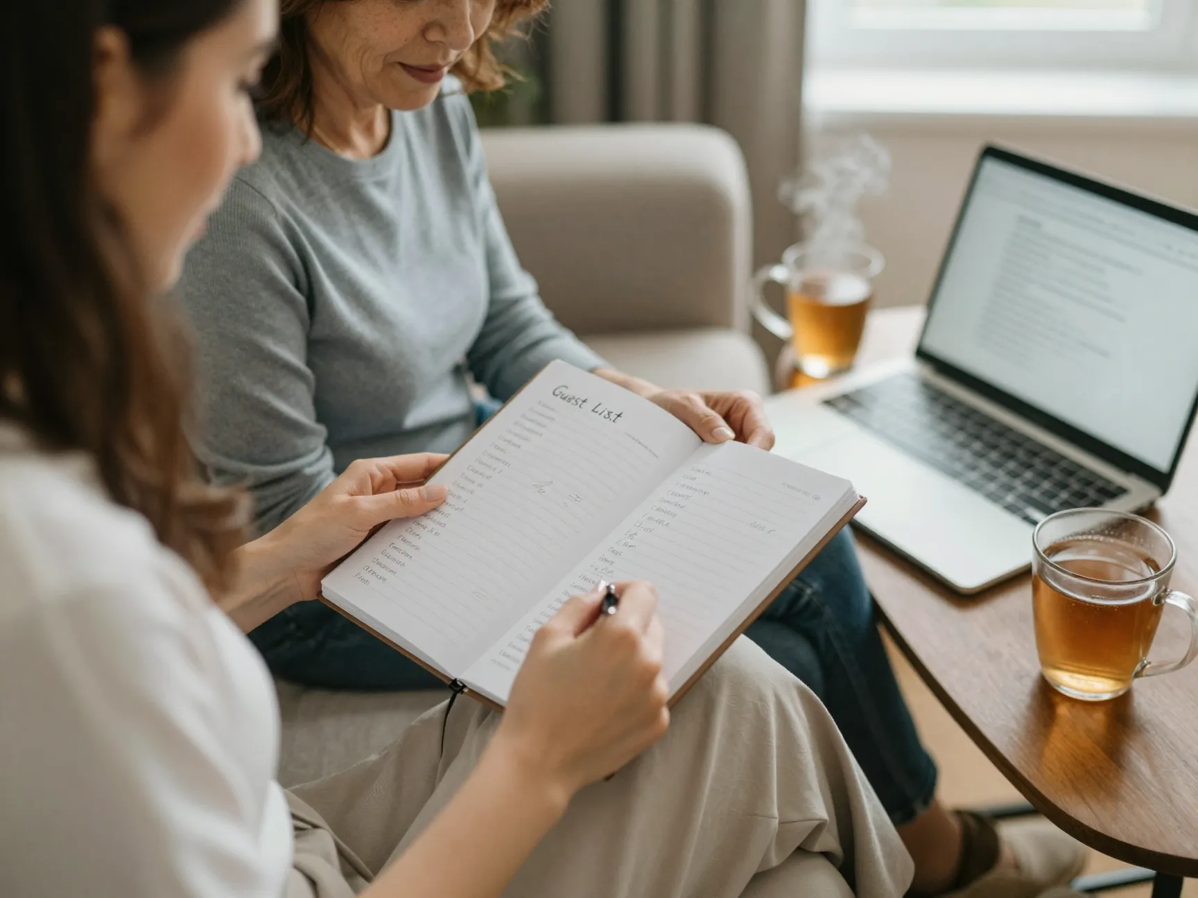 A bride and her mother reviewing a guest list on a cozy living room sofa